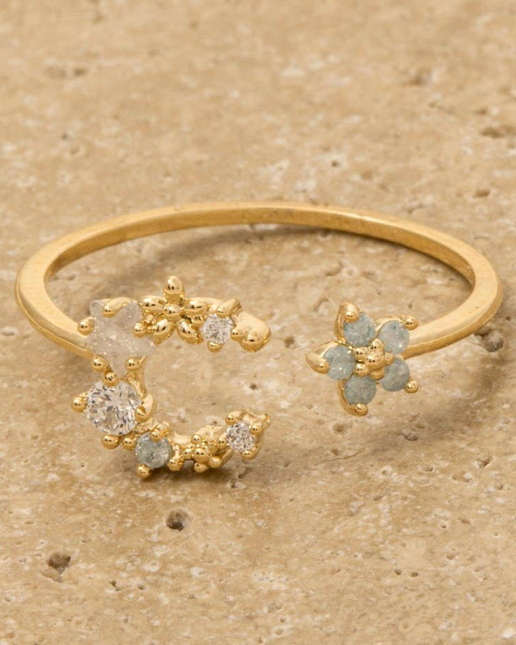 Gold Dipped Flower Moon And Stars Open Ring - Blackbird Boutique
