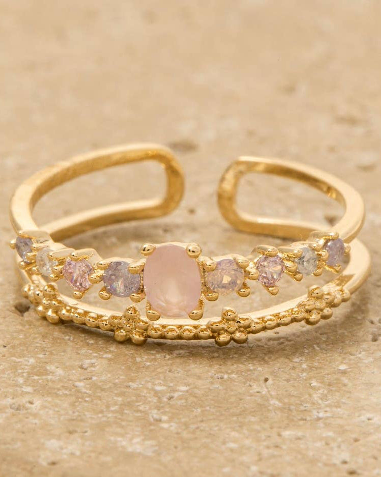 Gold Dipped Two Row Cz Studded Flower Ring - Blackbird Boutique
