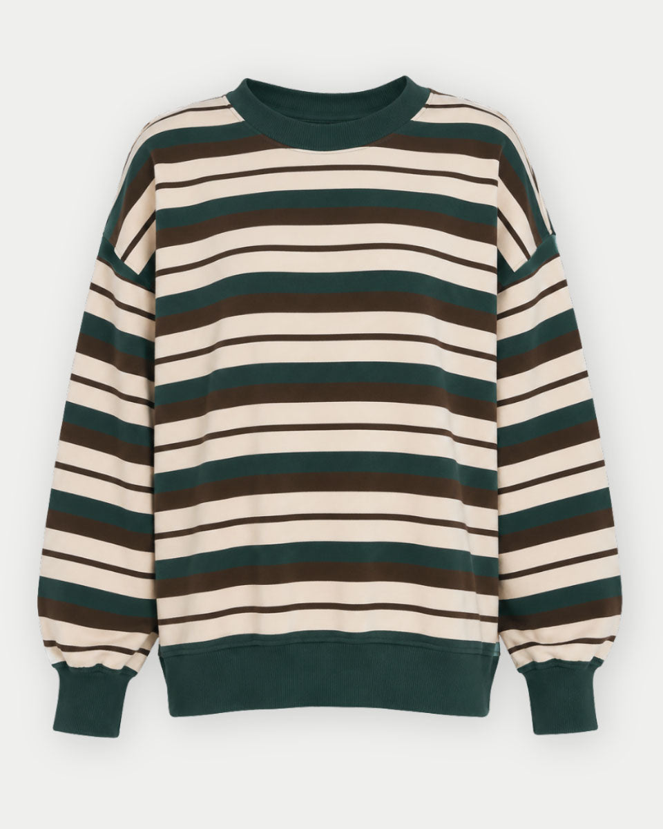 A long-sleeve crewneck sweatshirt with horizontal stripes in dark green, brown, and cream, featuring solid dark green ribbed cuffs, collar, and hem.