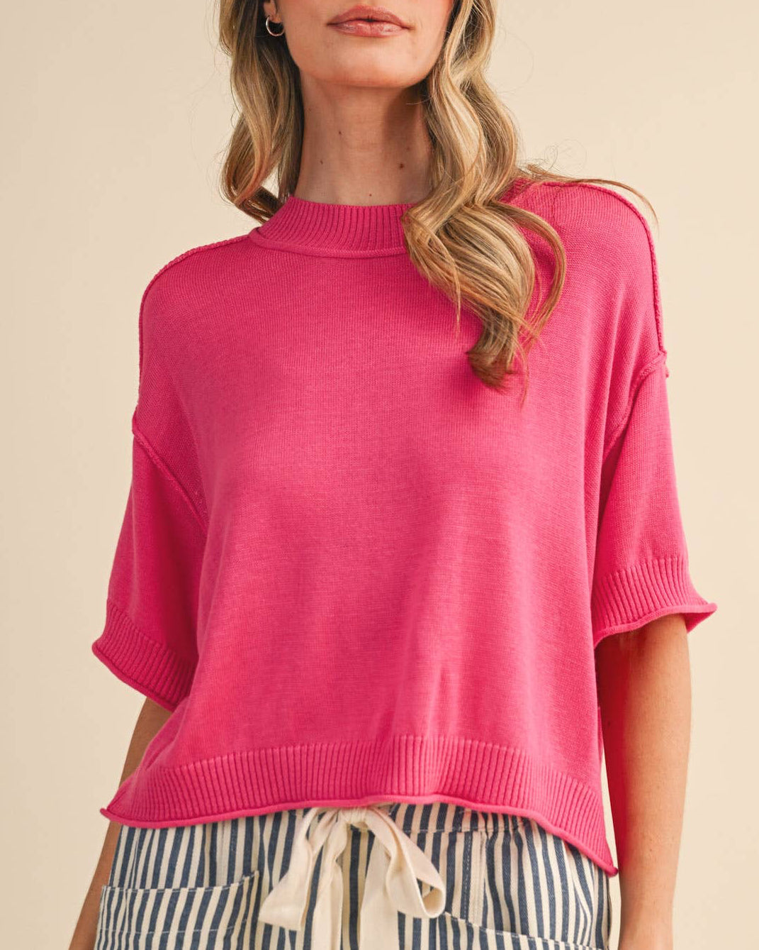LIGHTWEIGHT KNIT MOCK NECK SHORT SLEEVE SWEATER MSW11311 - Blackbird Boutique