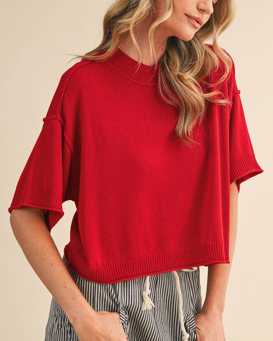 LIGHTWEIGHT KNIT MOCK NECK SHORT SLEEVE SWEATER MSW11311 - Blackbird Boutique
