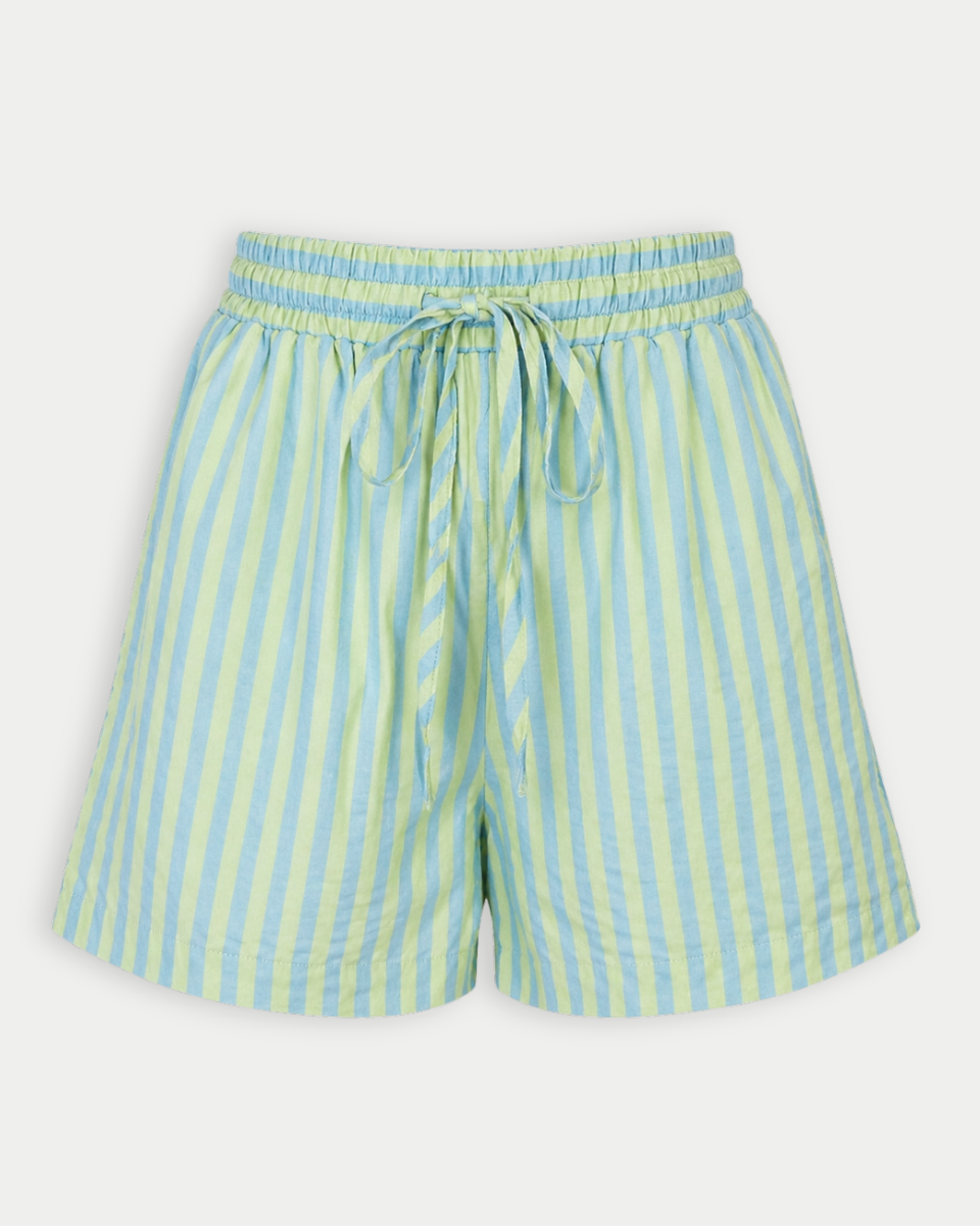 Green and blue striped shorts on a white background