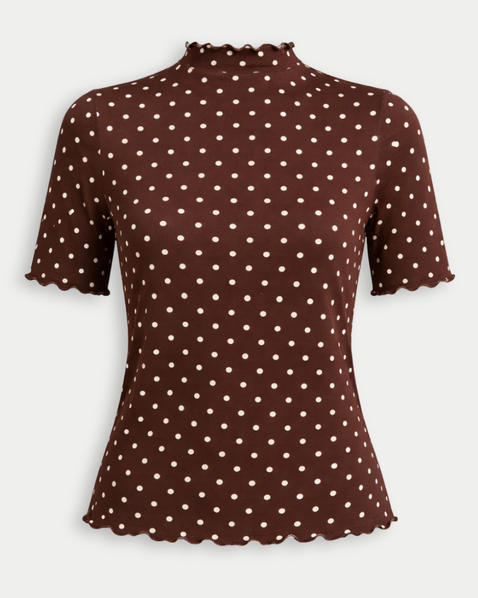 Brown top with white polka dots on a white background