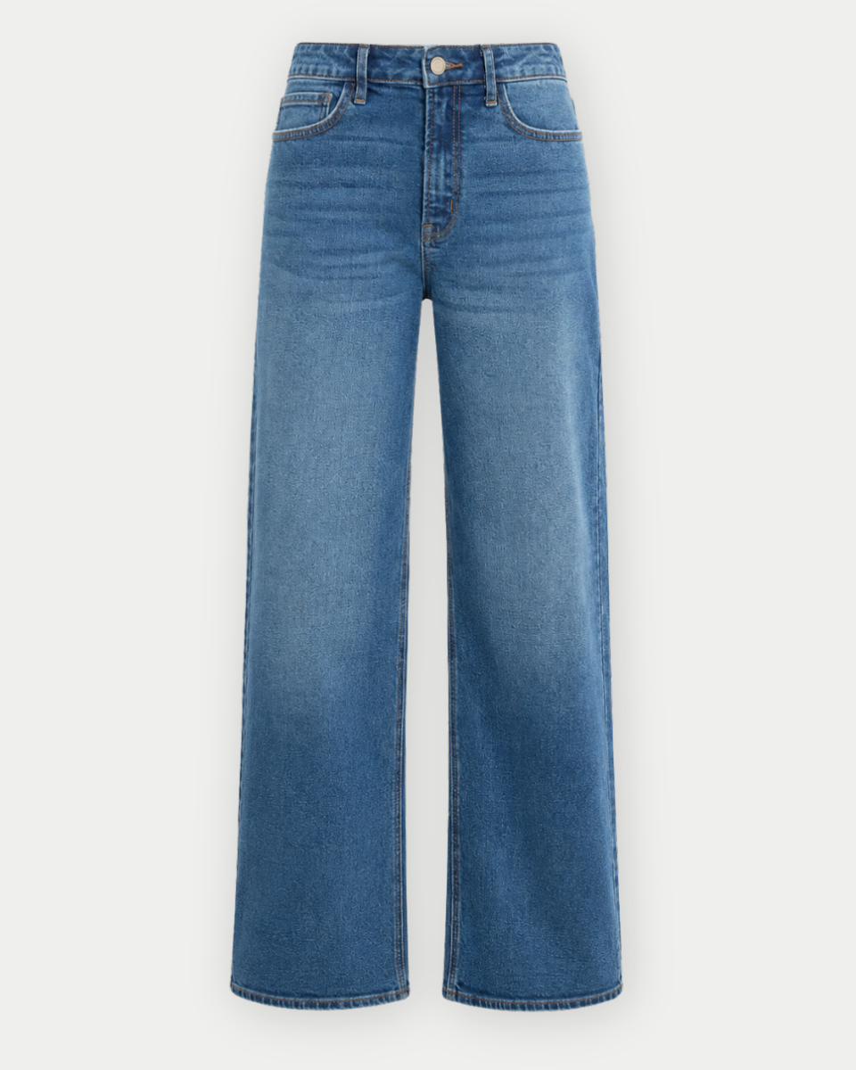 Medium wash blue wide-leg denim jeans with a straight, relaxed fit and classic five-pocket styling, shown flat on a light gray background.