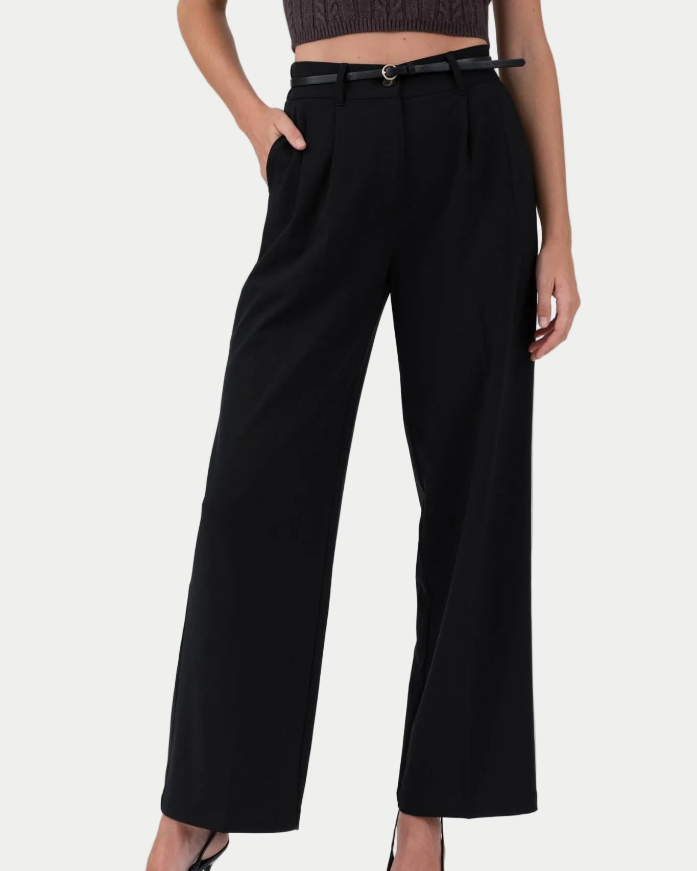 Black wide-leg pants worn by a person on a white background