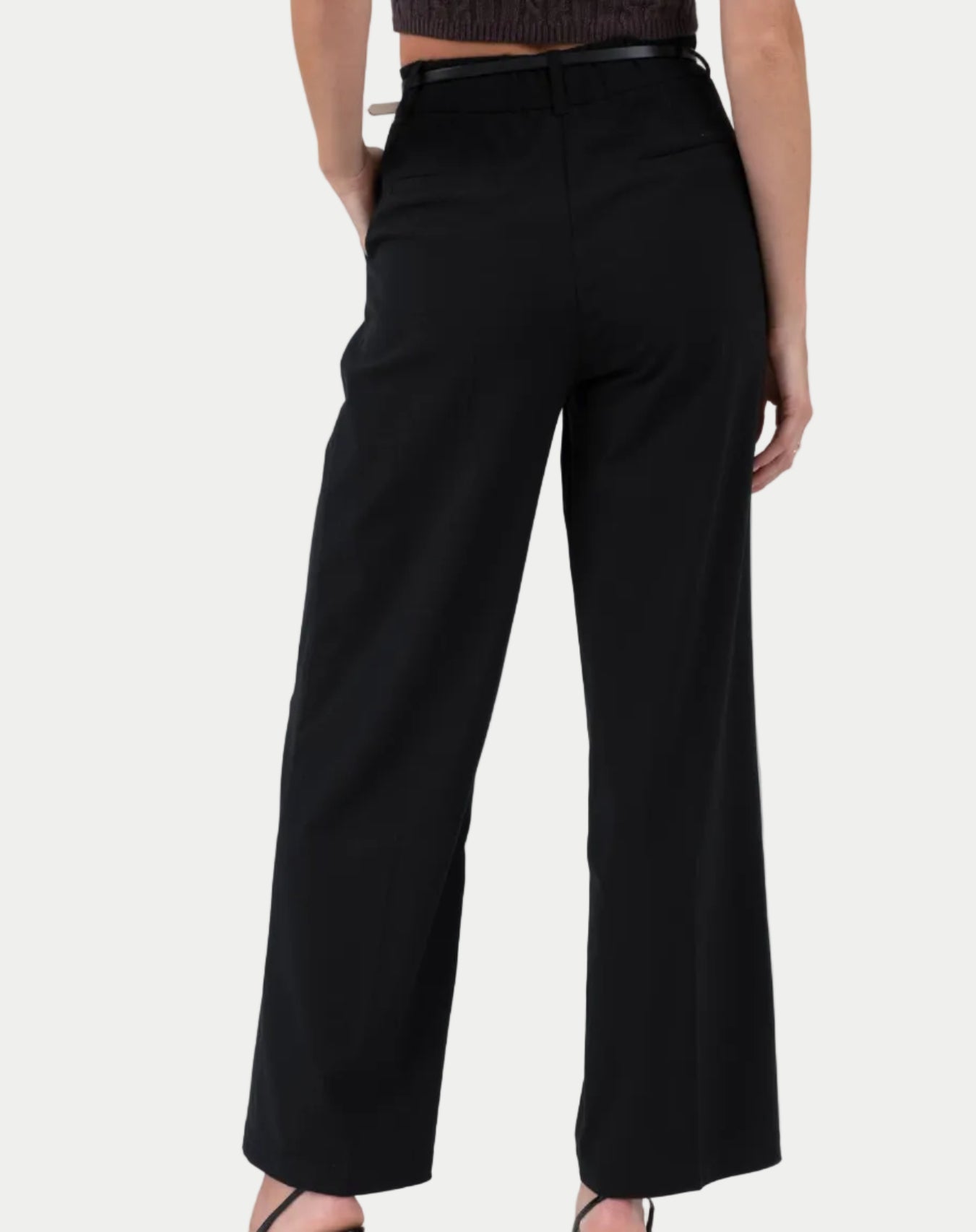 Person wearing black high-waisted pants on a white background