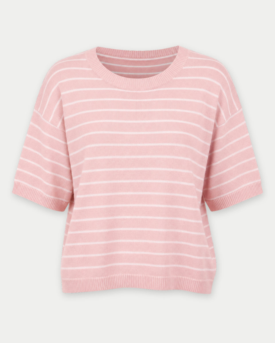 Pink striped sweater on a light gray background