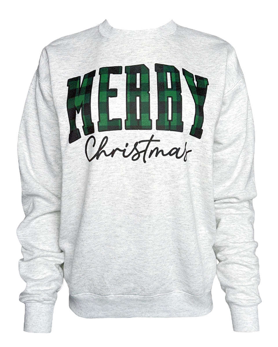 Plaid Merry Christmas Oversized Sweatshirt in Ash Gray - Blackbird Boutique