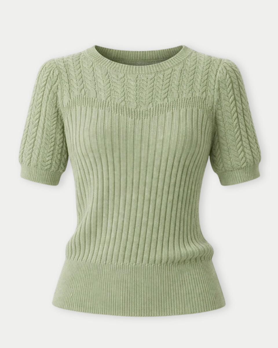 ROUND NECK PUFF SHORT SLEEVE CABLE SWEATER - Blackbird Boutique
