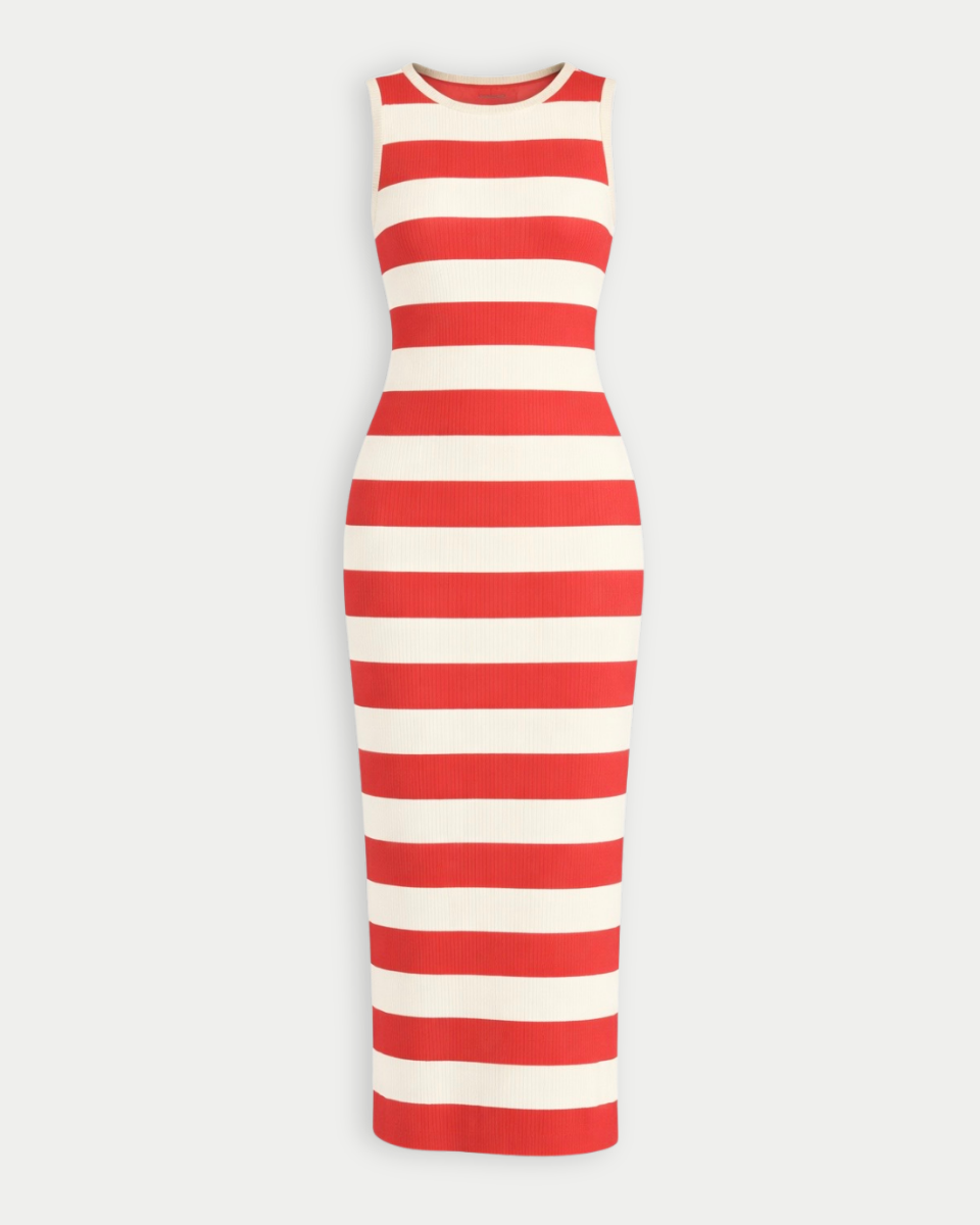 Sally Striped Rib Knit Midi Dress in Papaya/Cream - Blackbird Boutique