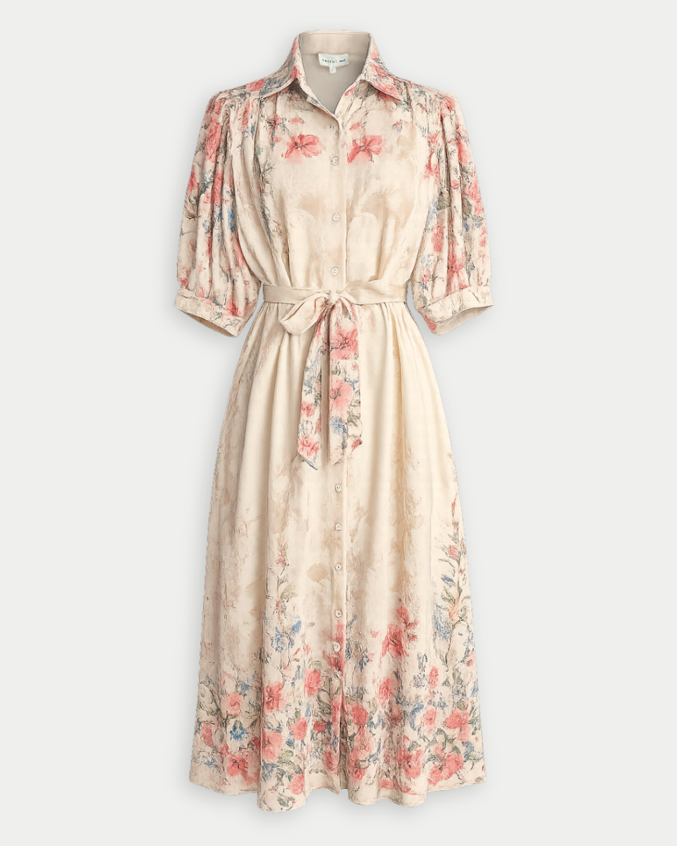 Beige dress with floral pattern on a white background