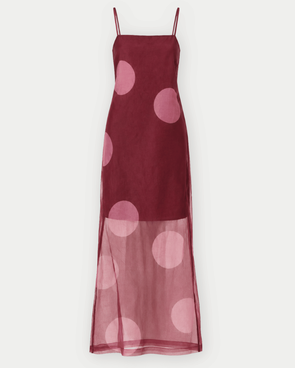 Kennedy Polka Dot Sheer Overlay Maxi Dress in Burgundy