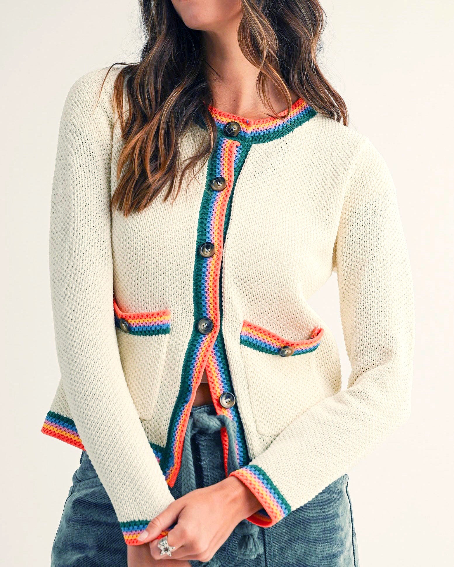 Knit Pocket Cardigan with Contrasting Color Trim - Blackbird Boutique