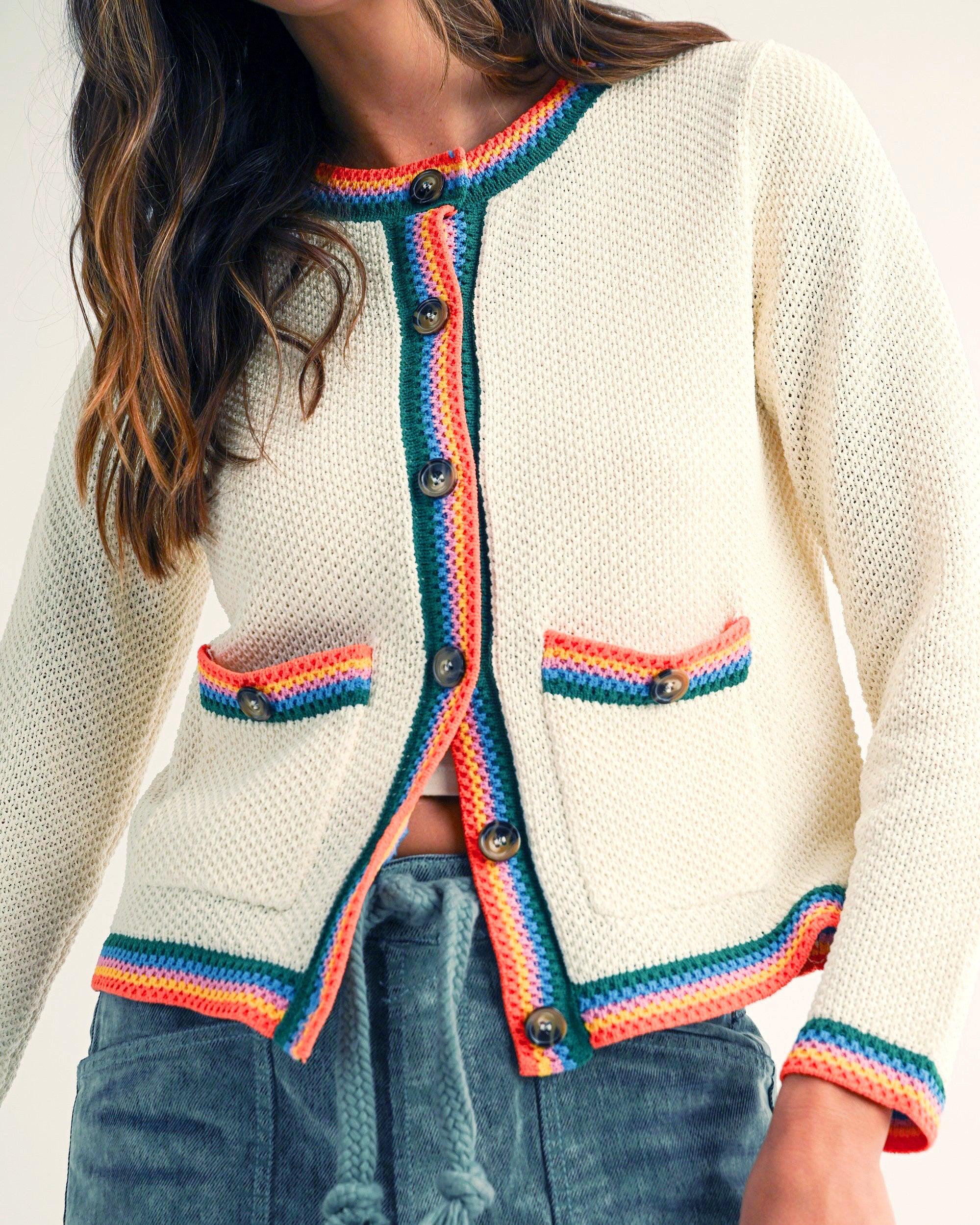Knit Pocket Cardigan with Contrasting Color Trim - Blackbird Boutique