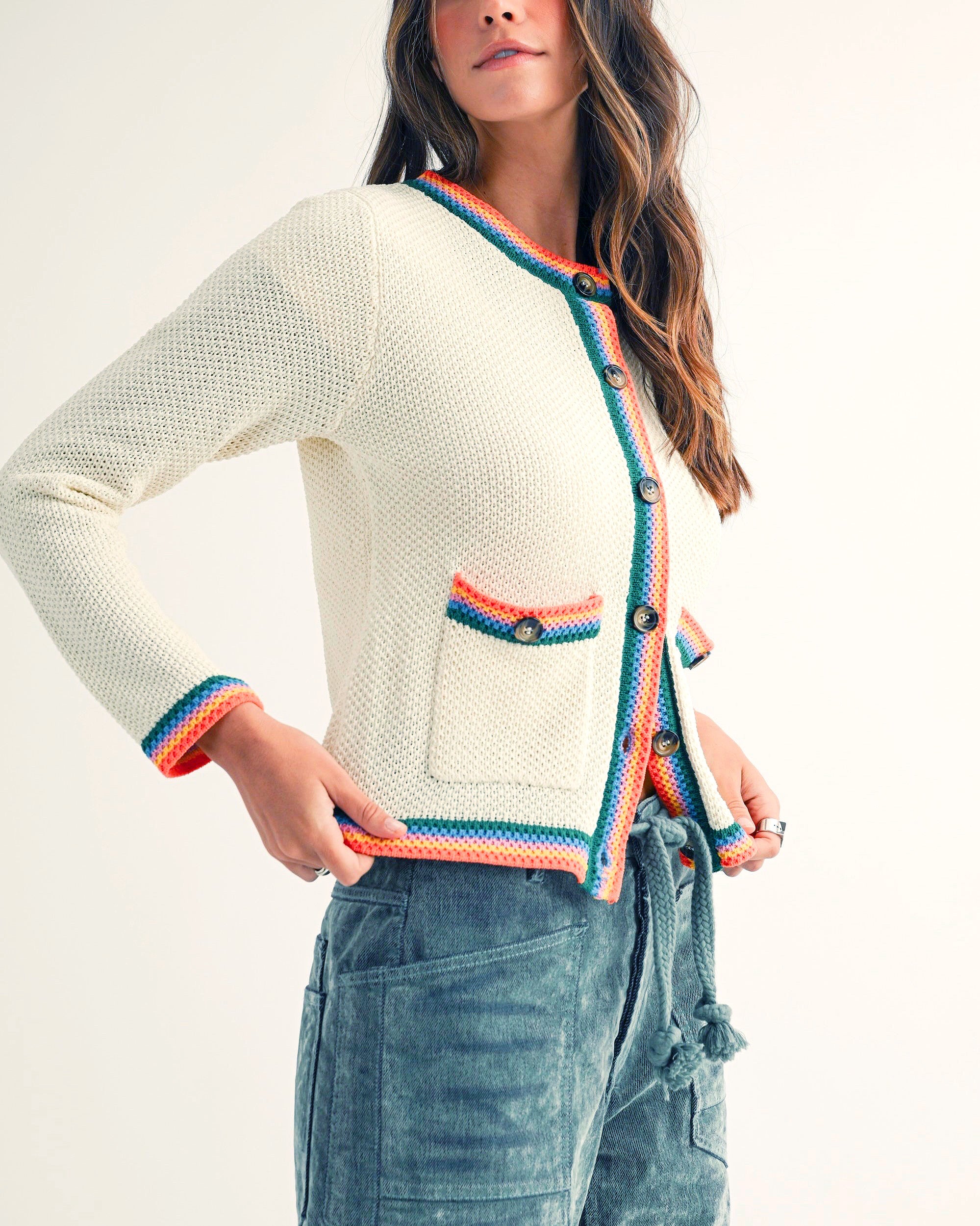 Knit Pocket Cardigan with Contrasting Color Trim - Blackbird Boutique
