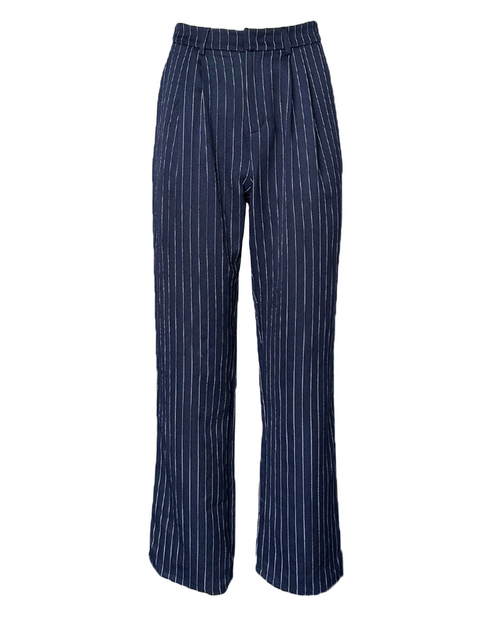 Navy & White Striped High Waist Trouser Pants - Blackbird Boutique