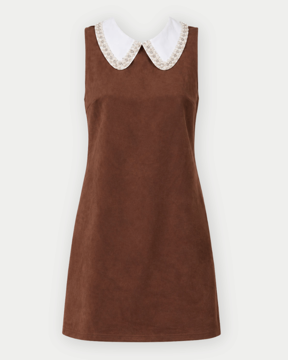Isabella Rhinestone Contrast Collar Faux Suede Mini Shift Dress | Blackbird Boutique