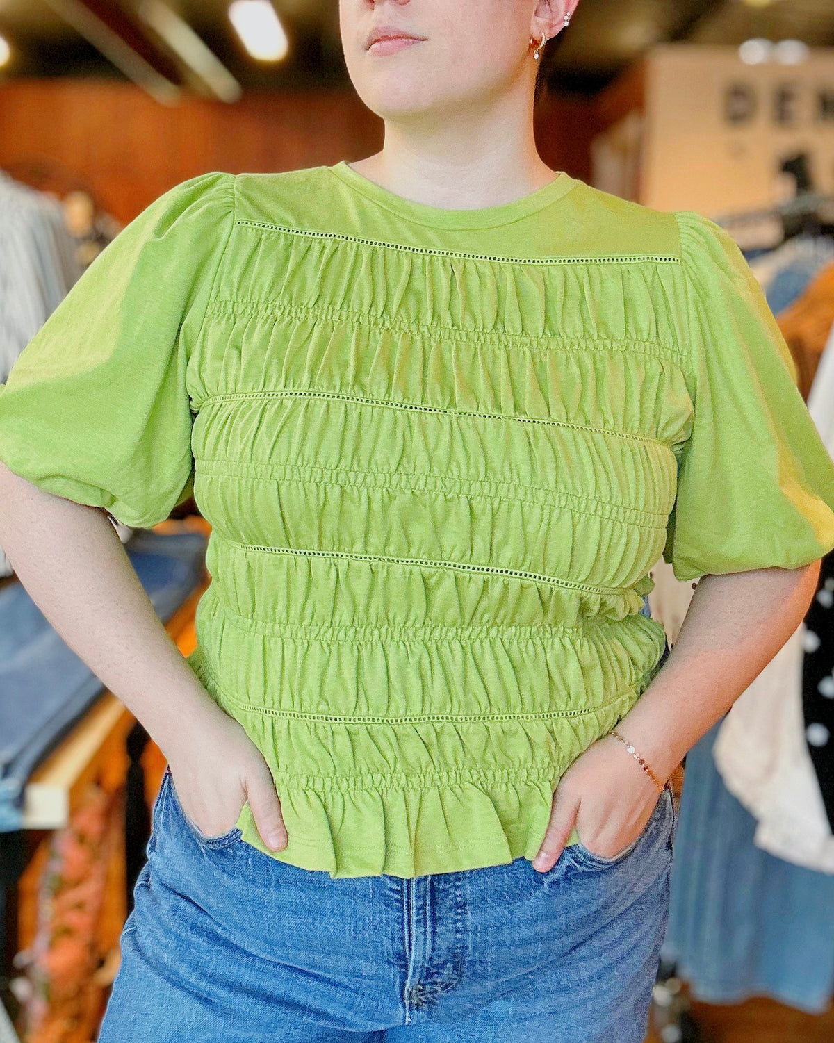 Jeanine 100% Cotton Elasticized Smocked & Trim Accent Top