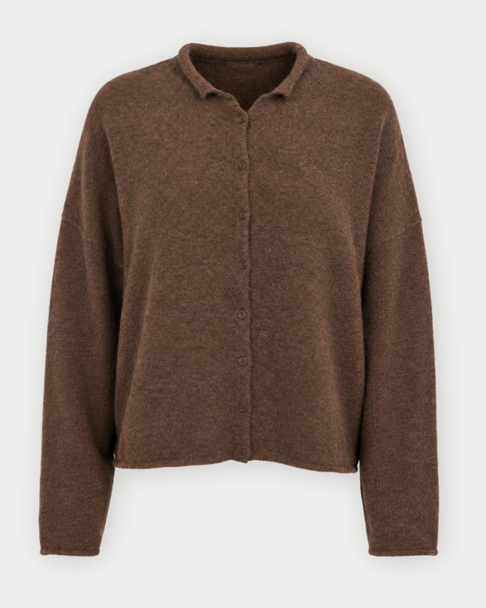 A brown knit cardigan sweater with a short button placket and a relaxed fit, displayed against a light gray background.