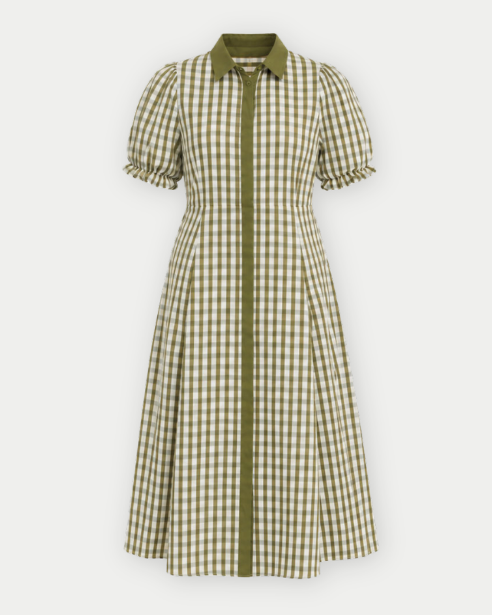 ghost mannequin product photo of an olive green and white gingham midi dress on a plain background