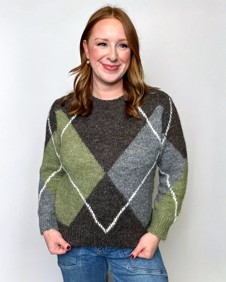 Juno Argyle Long Sleeve Crewneck Sweater - Blackbird Boutique