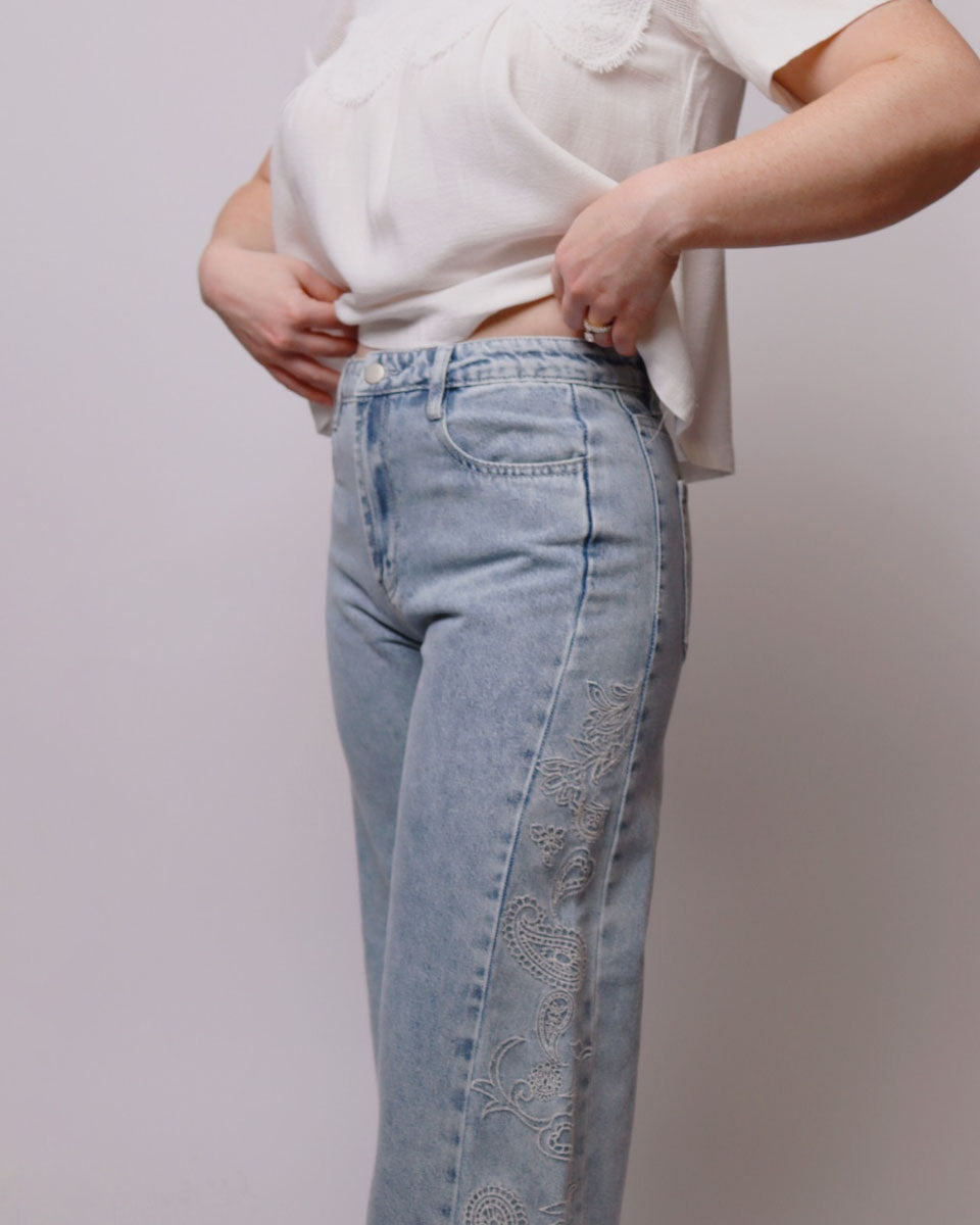A person wearing light-wash blue jeans with decorative embroidered detailing down the side, paired with a white short-sleeve top, shown against a plain light gray studio background.