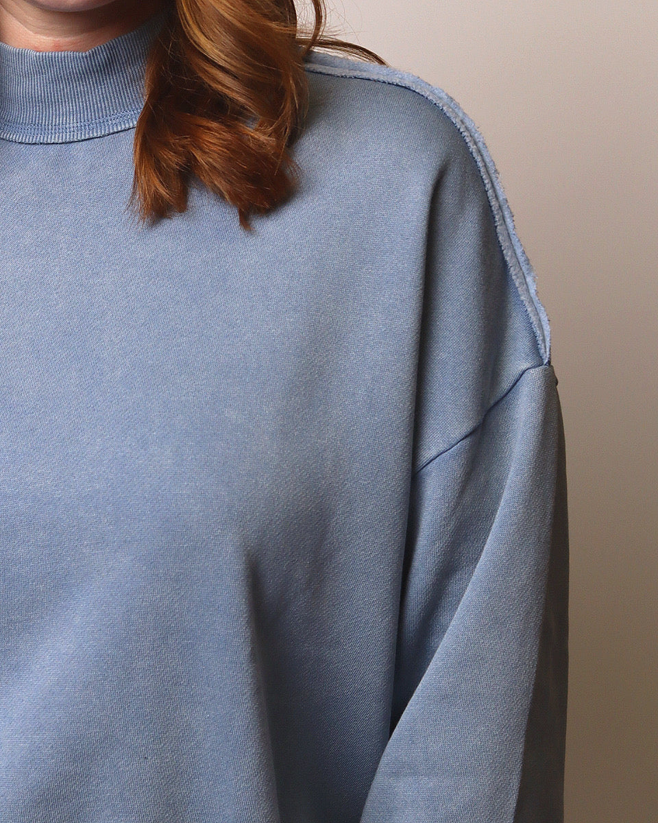 Lacie Acid Washed Mock Neck Sweatshirt in Dusty Blue - Blackbird Boutique