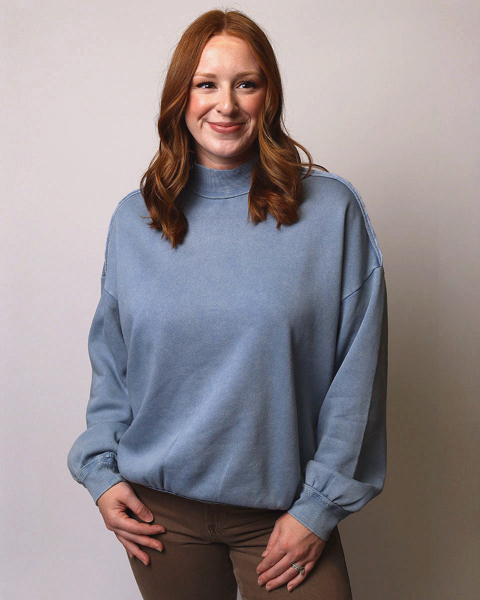 Lacie Acid Washed Mock Neck Sweatshirt in Dusty Blue - Blackbird Boutique