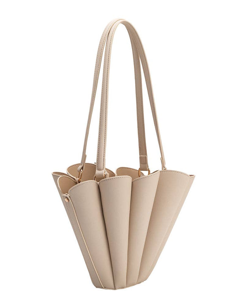 Beige handbag with a unique fan-like design on a white background
