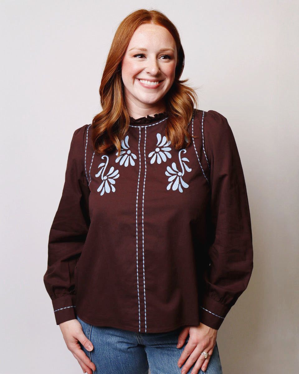 Odette Embroidered Ruffled Mock Neck Top