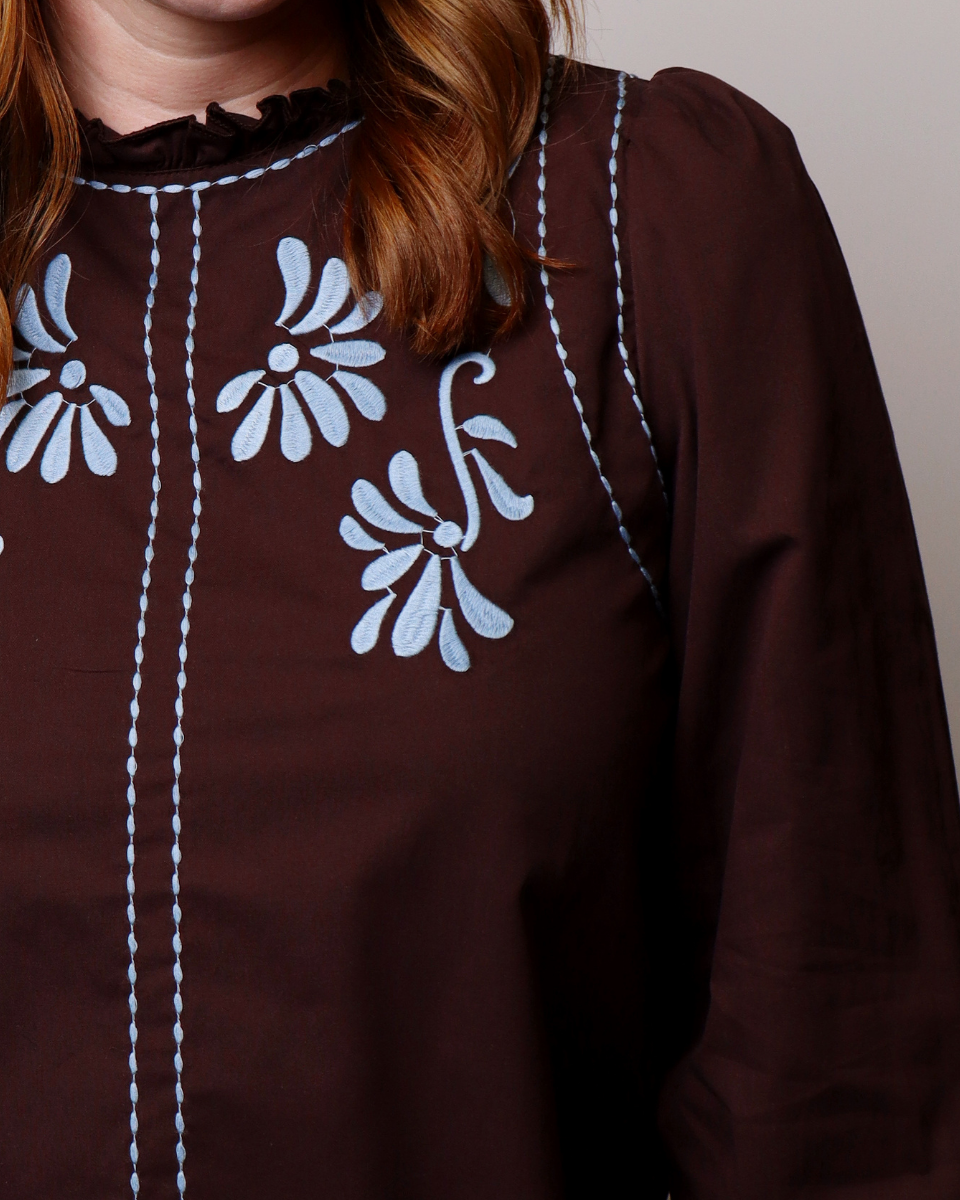 Odette Embroidered Ruffled Mock Neck Top