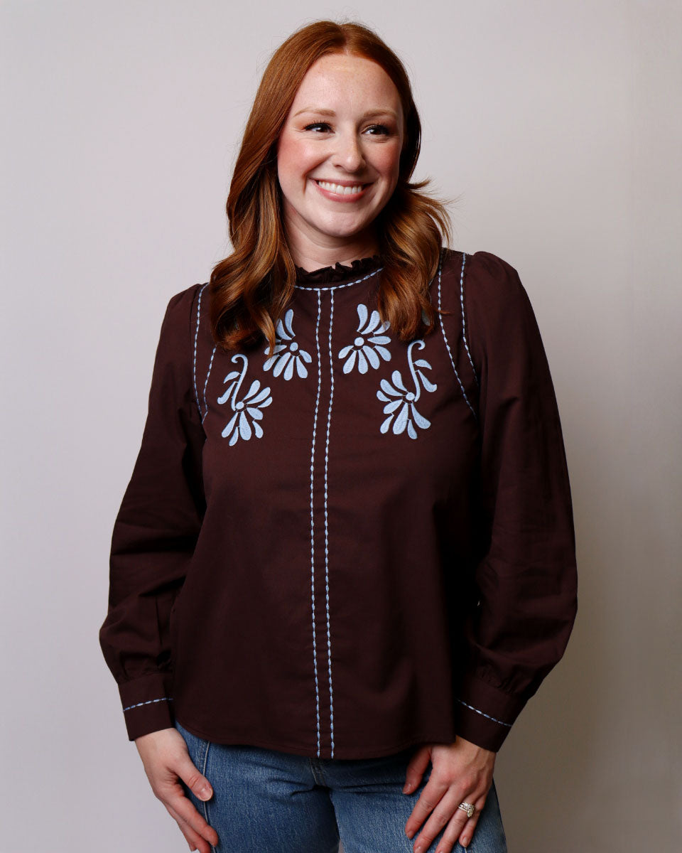 Odette Embroidered Ruffled Mock Neck Top