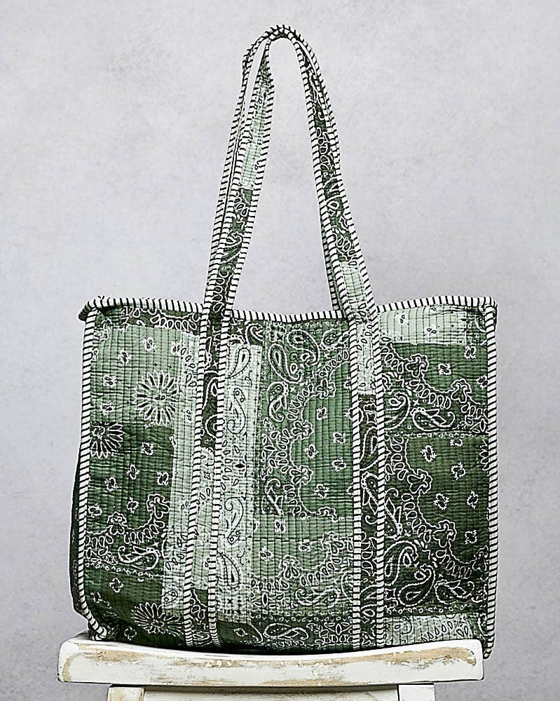 POL Quilted Striped Binding Roomy Green Tote Bag