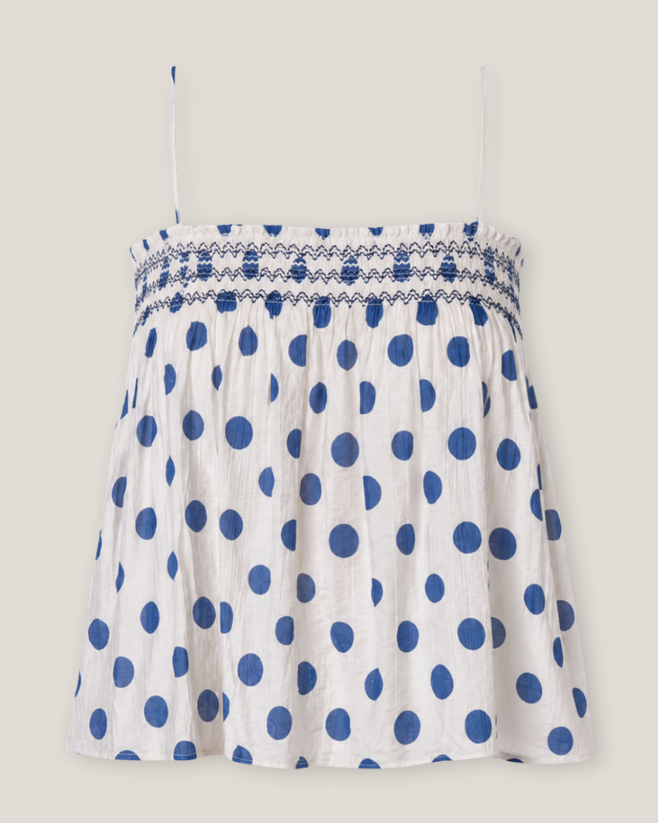 White skirt with blue polka dots on a light gray background