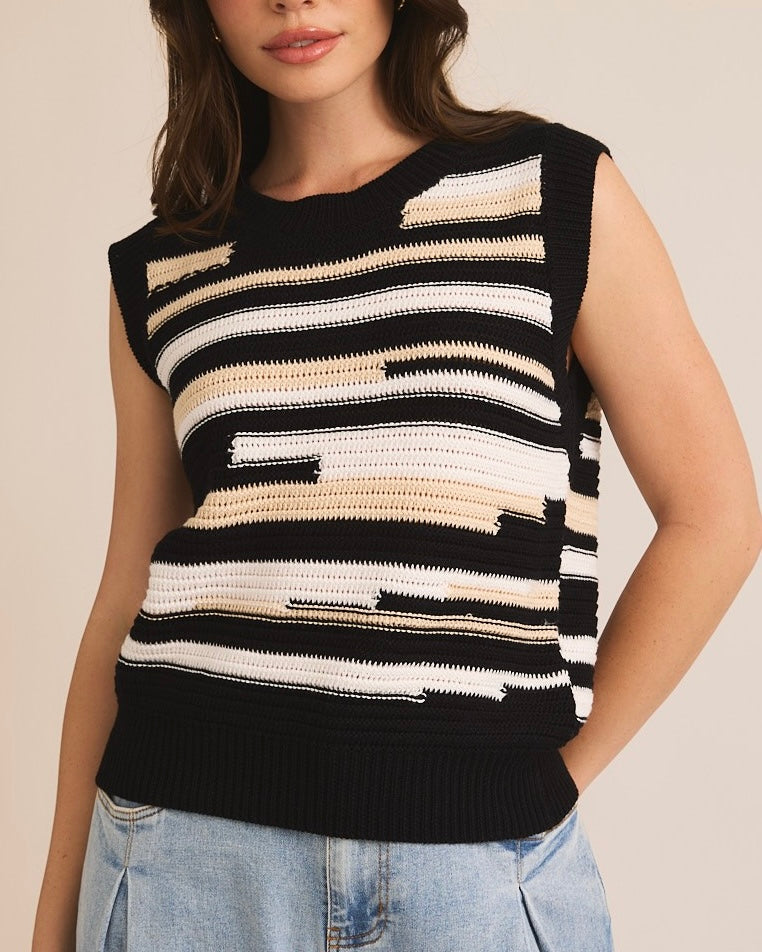 Round Neck Sweater Vest in Black-Multi - Blackbird Boutique