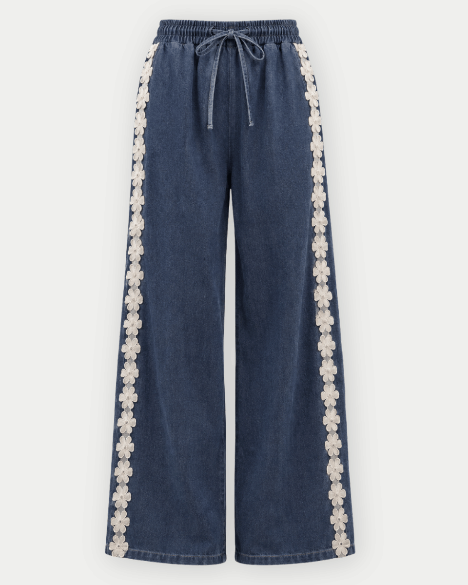 Sammy Daisy Floral Lace Trim Drawstring Wide Leg Pants