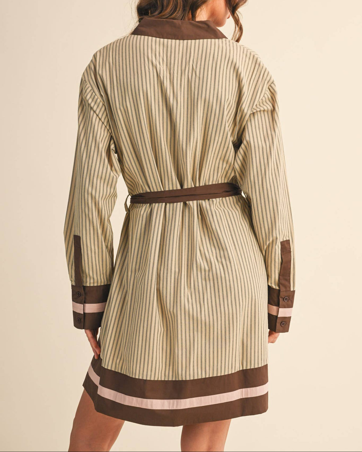 Model wearing a beige and brown striped belted mini dress on a neutral background. 