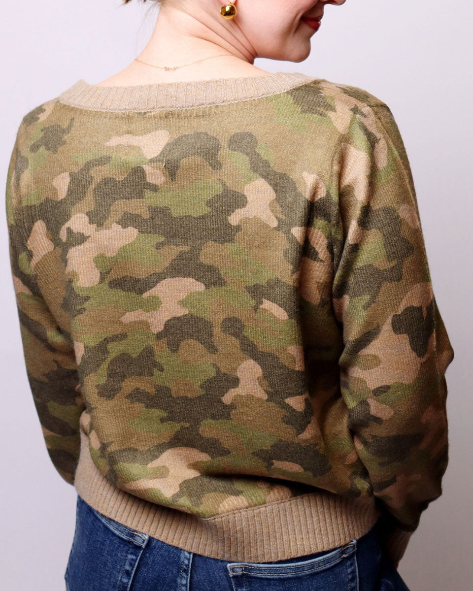 A person shown from the back wearing a long-sleeve knit sweater with an olive green, tan, and brown camouflage pattern and ribbed beige collar, cuffs, and hem, paired with blue jeans against a plain light gray background.