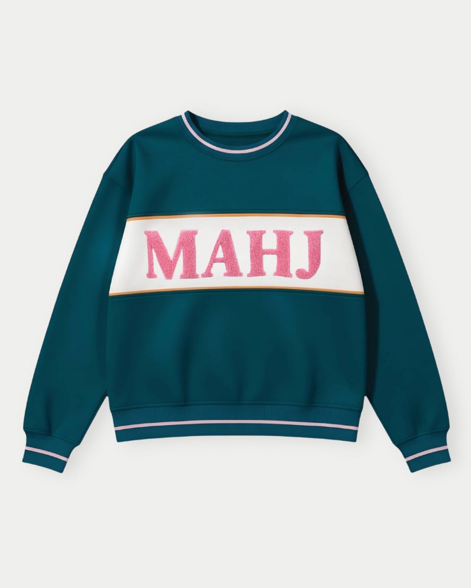 Green sweatshirt with 'MAHJ' text on a white background
