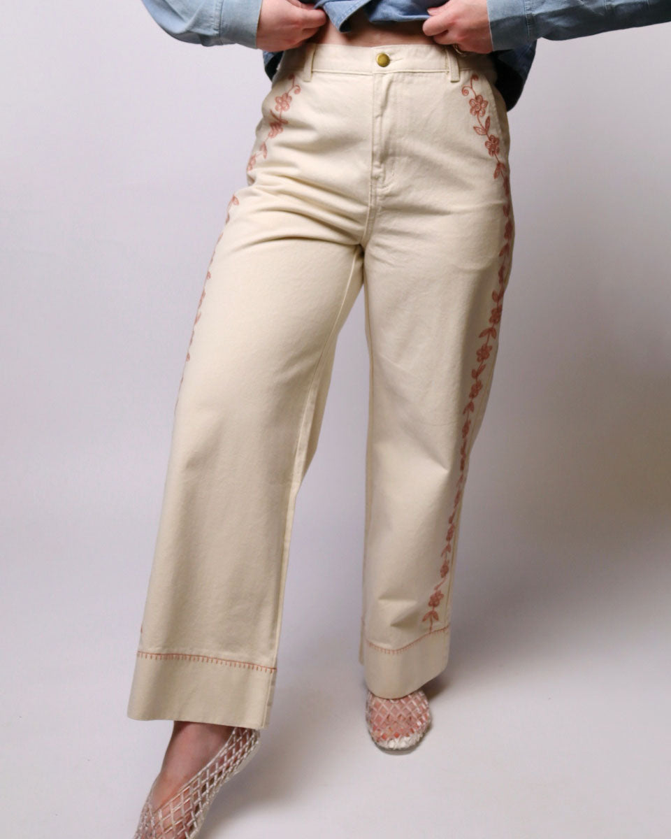 A person wearing cream wide-leg cropped jeans with peach embroidered detailing along the outer seams, styled with a light blue shirt and fishnet shoes against a light gray studio background.