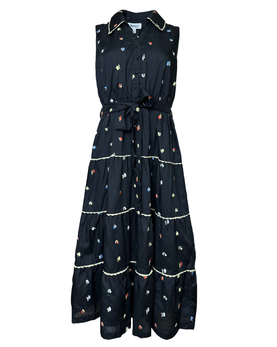 Sleeveless Embroidered Belted Floral Midi Dress - Blackbird Boutique