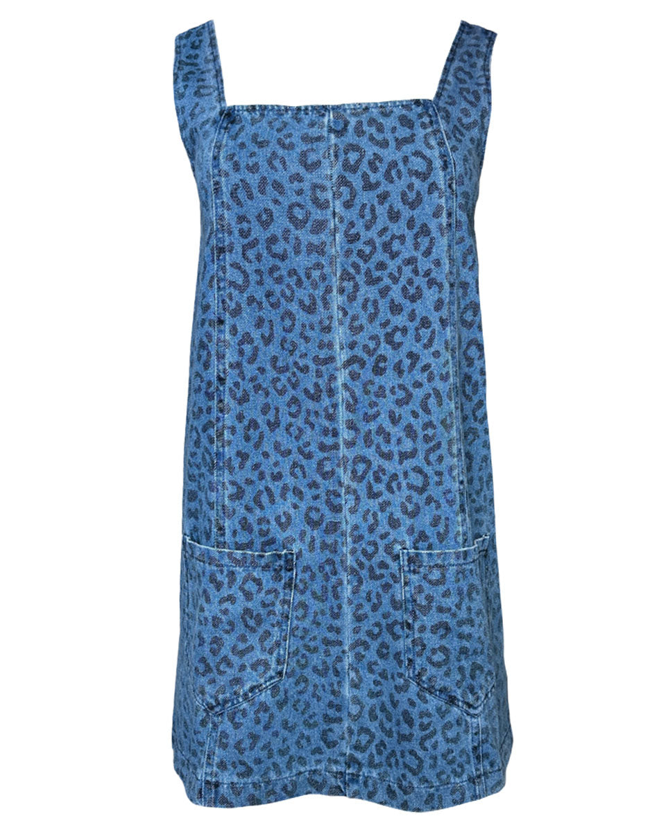 Square Neck Sleeveless Animal Print Denim Dress - Blackbird Boutique