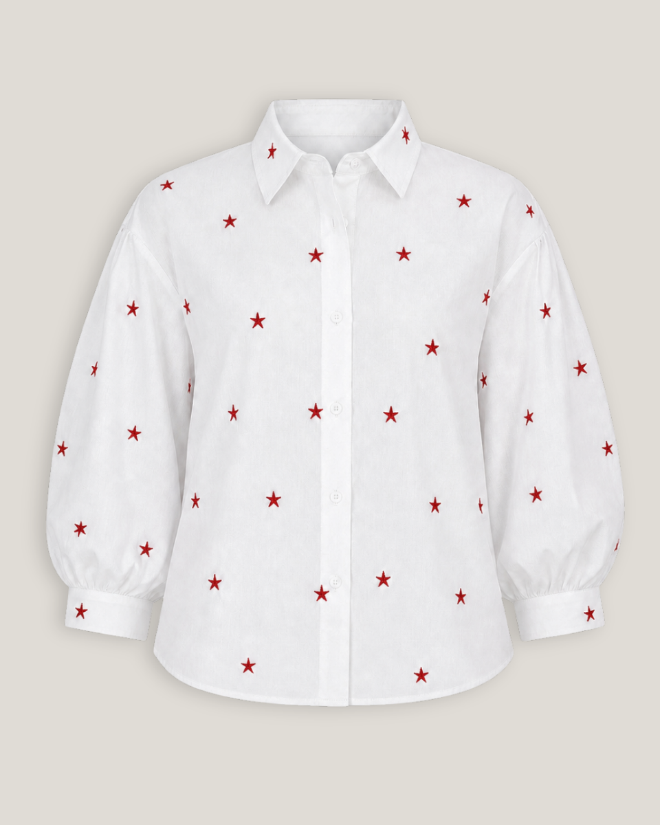 Star Embroidered Button Down Shirt with Puff Sleeves - Blackbird Boutique