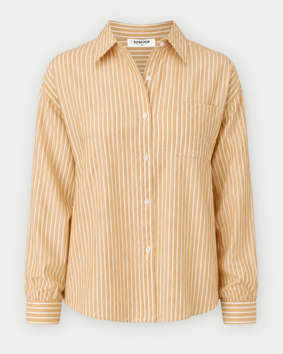 Striped Button-Up Collared Long Sleeve Shirt in Mustard