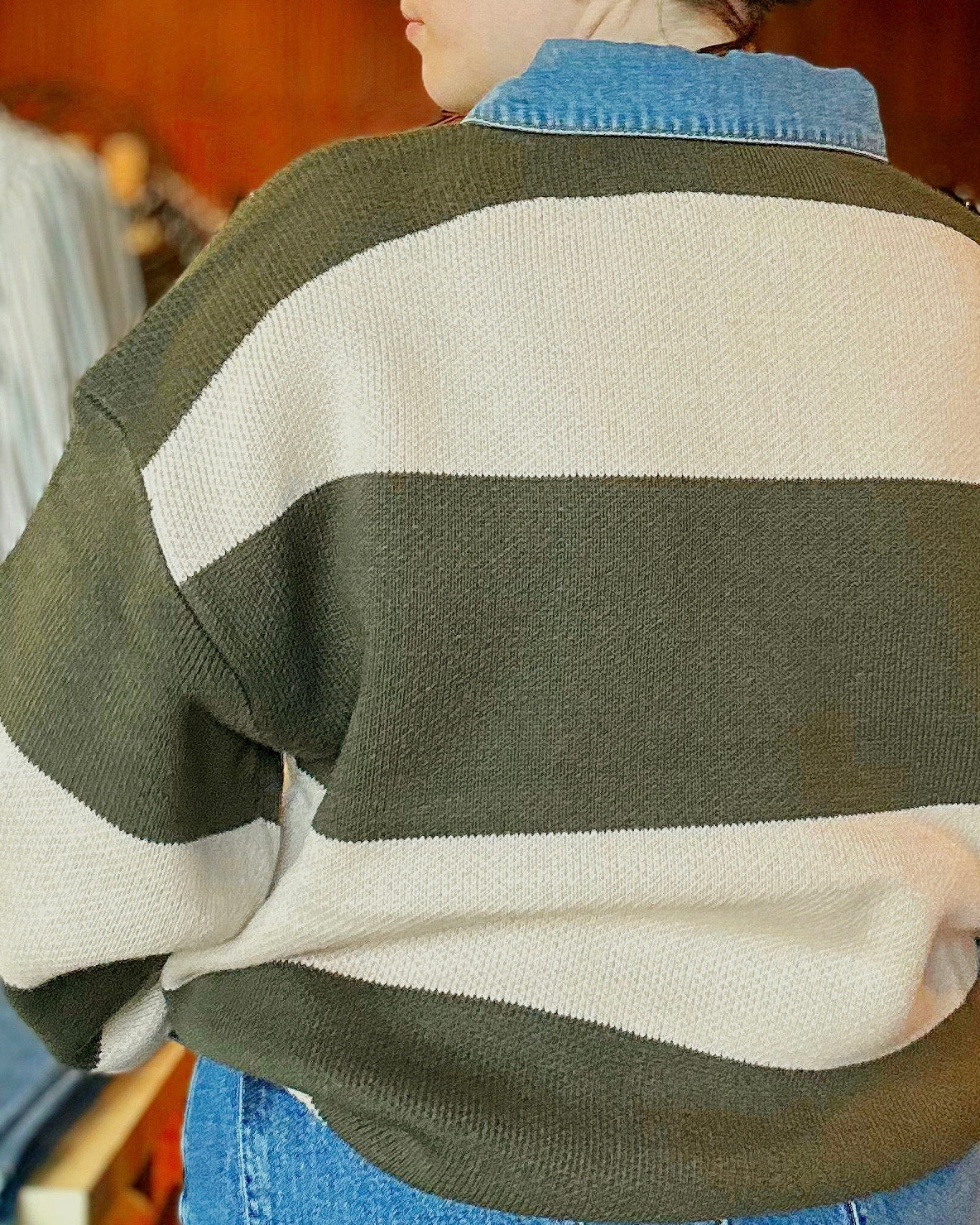 Striped Denim Collar Sweater Knit Top - Blackbird Boutique