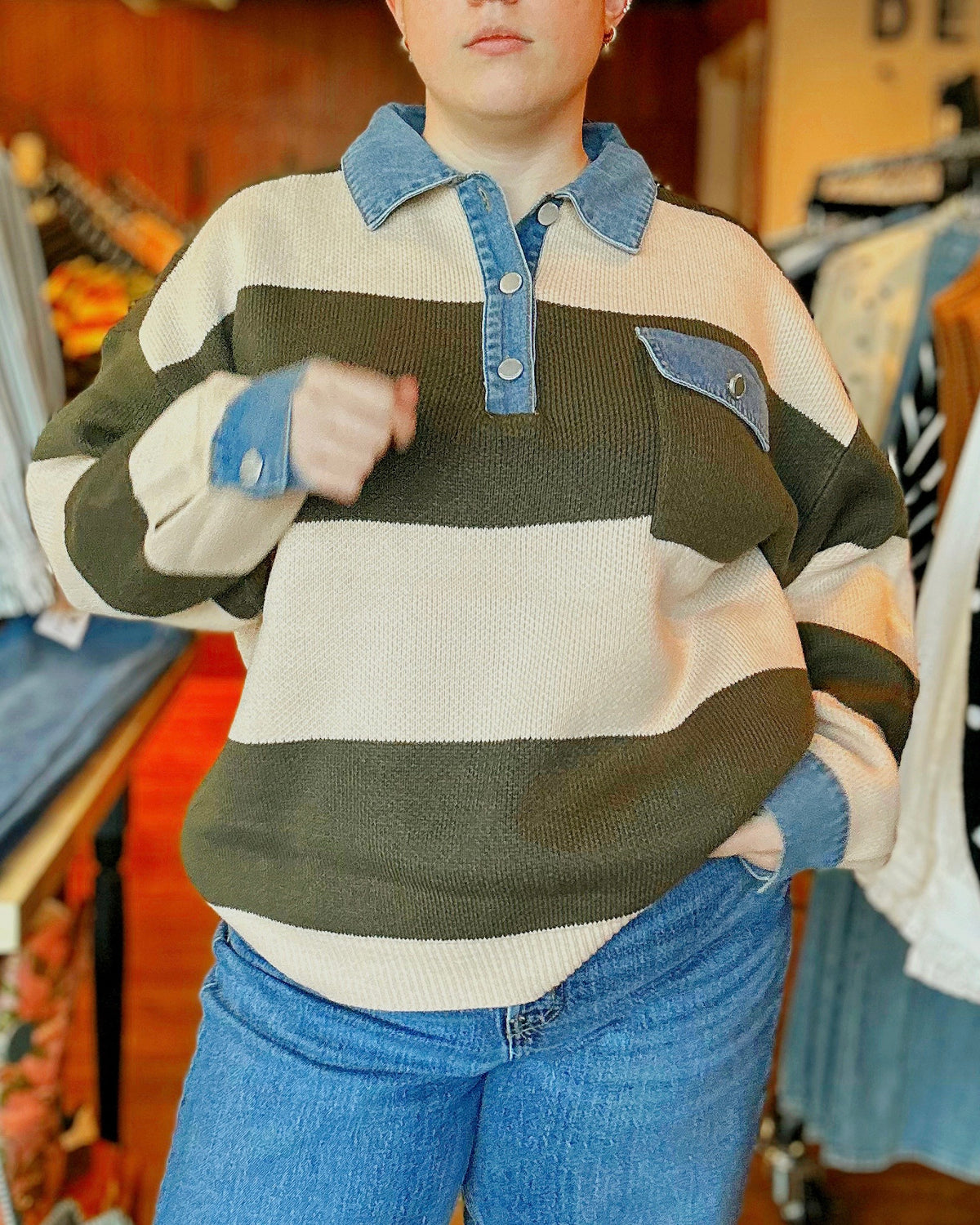 Striped Denim Collar Sweater Knit Top - Blackbird Boutique