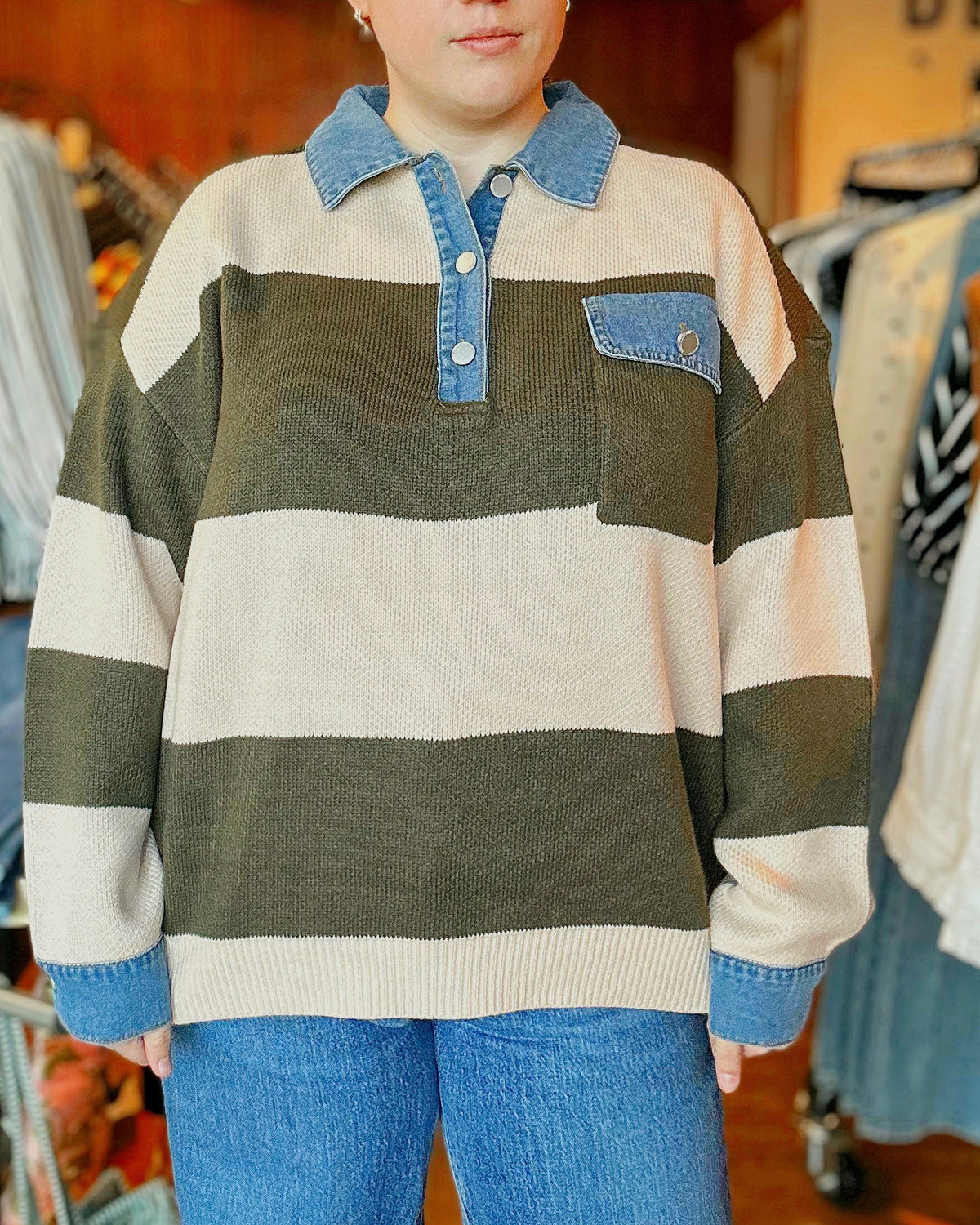 Striped Denim Collar Sweater Knit Top - Blackbird Boutique