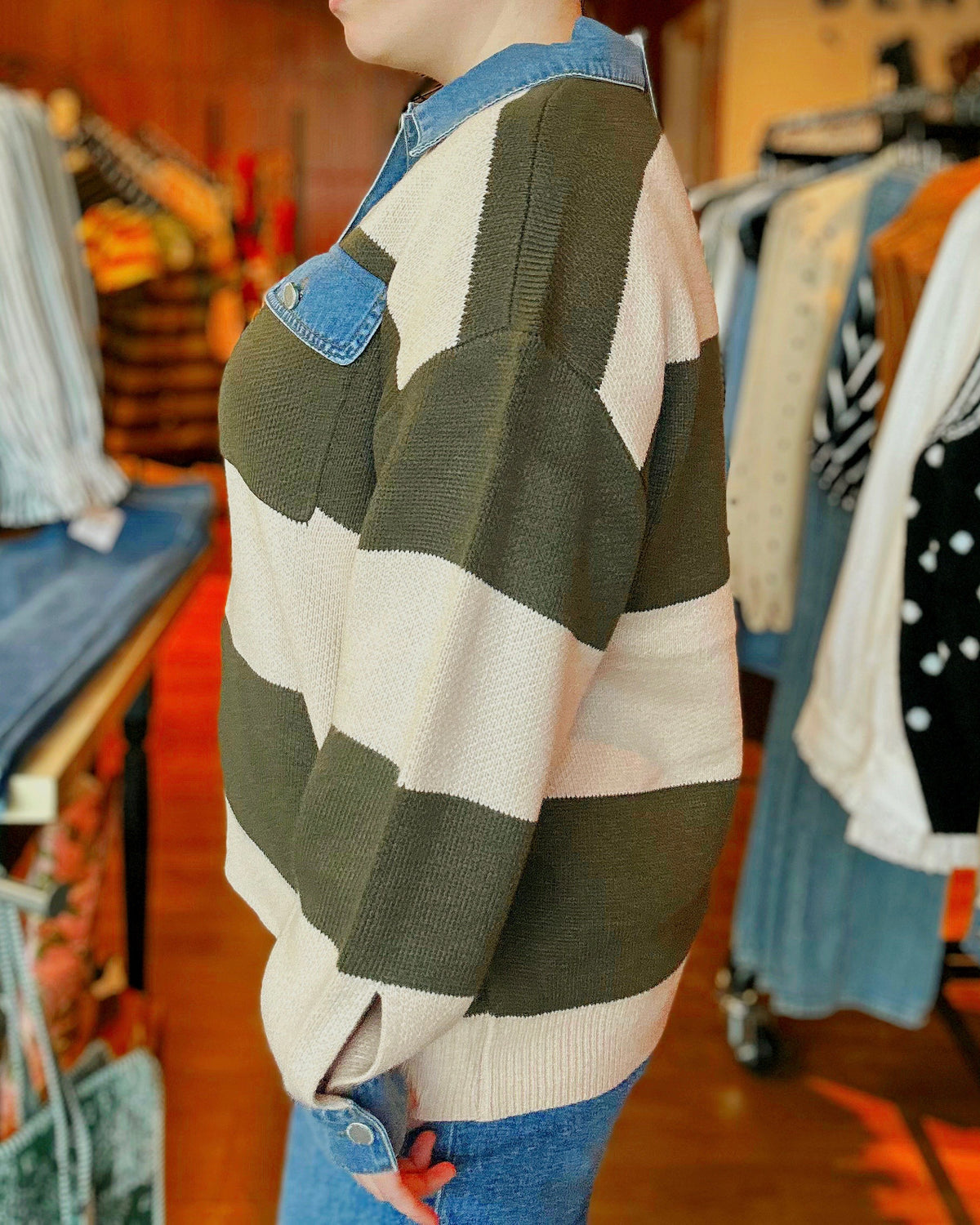 Striped Denim Collar Sweater Knit Top - Blackbird Boutique
