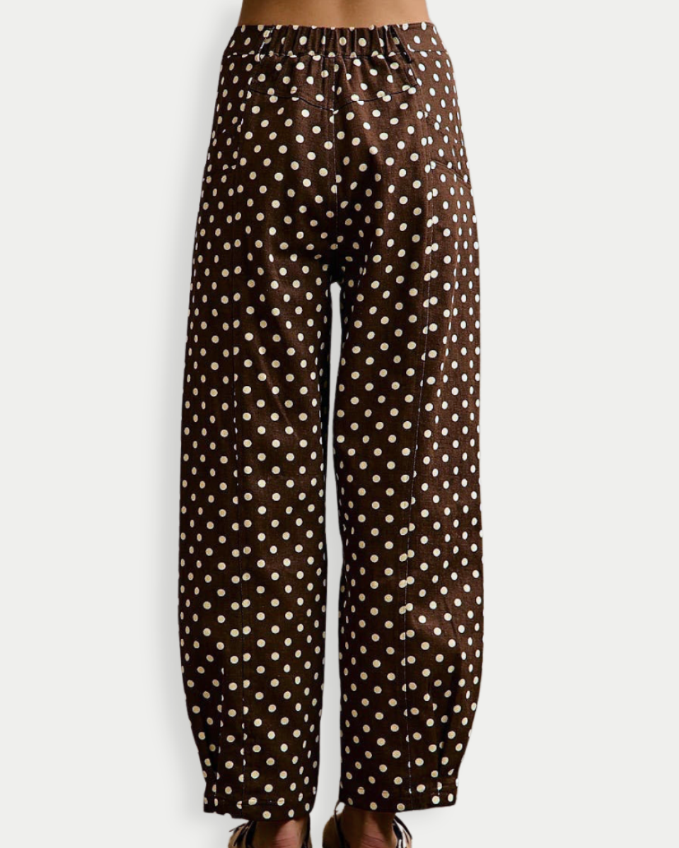 Brown wide-leg pants with a white polka dot pattern, shown on a model from the waist down against a light gray background.