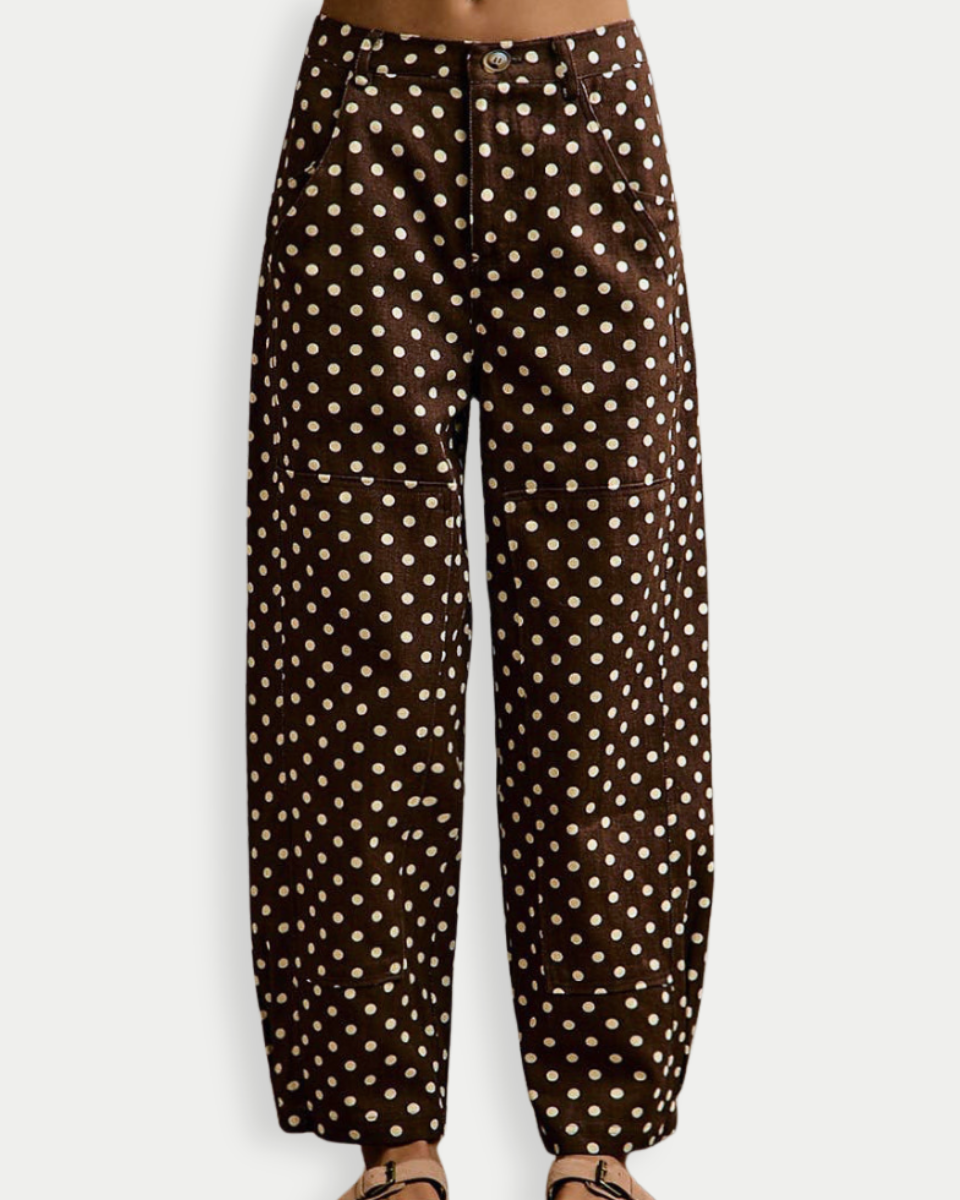Brown wide-leg pants with a beige polka dot pattern, shown on a model from the waist down against a light gray background.